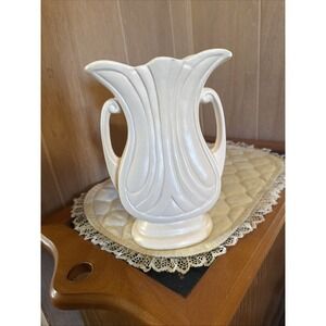 Hull Pottery Mardi Gras double-handle vase in a cream/white matte glaze.